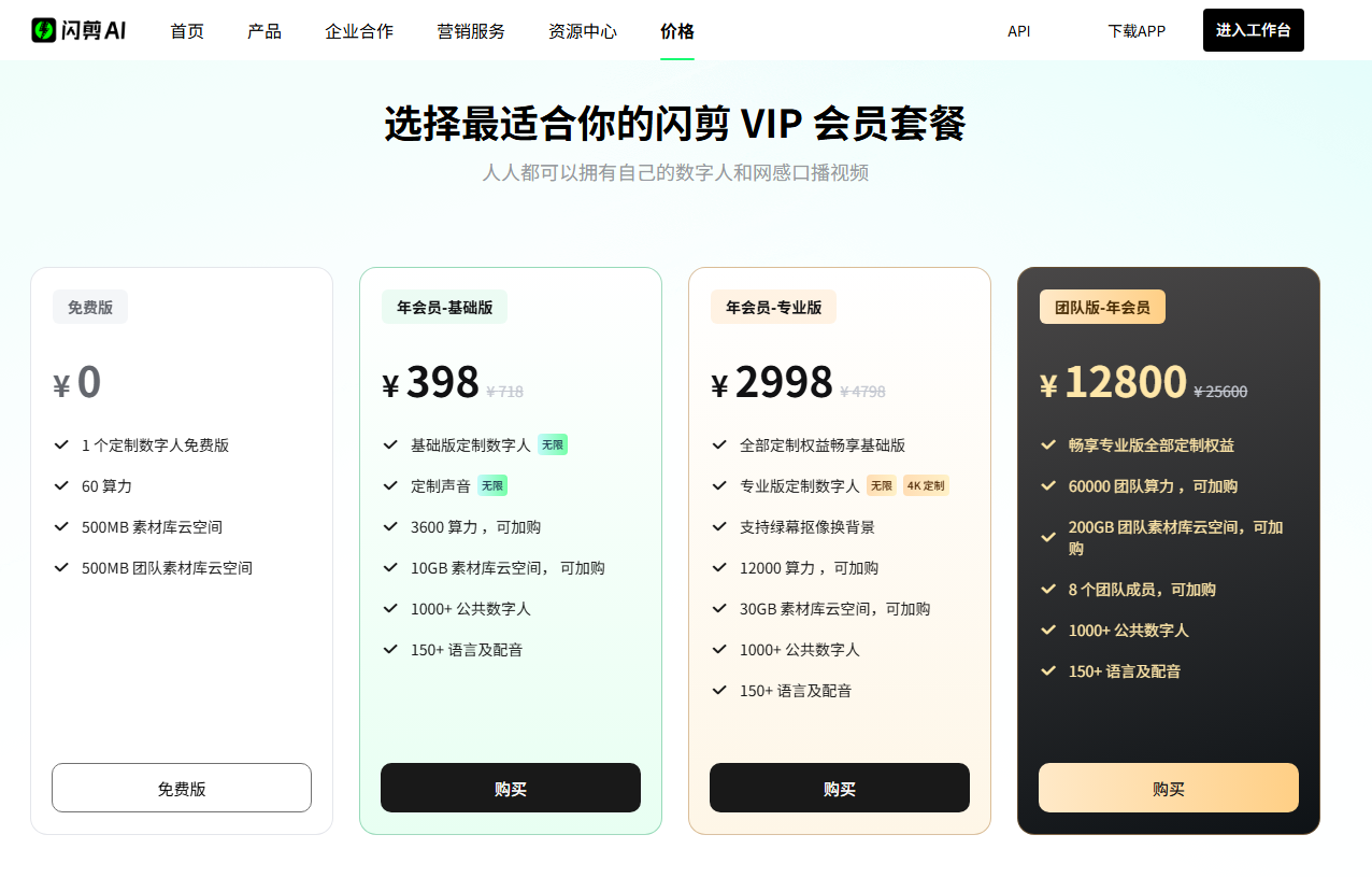 闪剪数字人平台价格